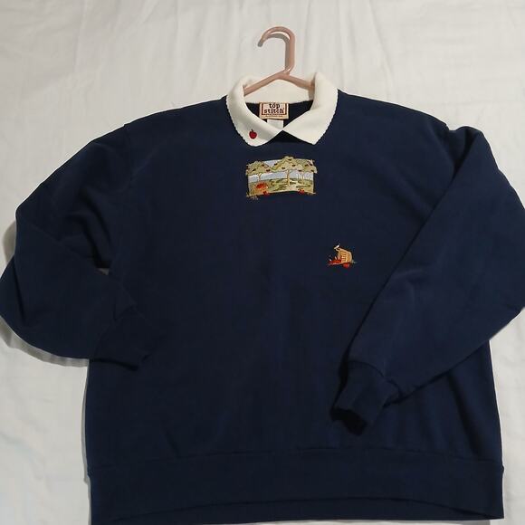 VTG Top Stitch Large Navy Blue Long-Sleeved Apple-Themed Collared Sweatshirt - Picture 7 of 12